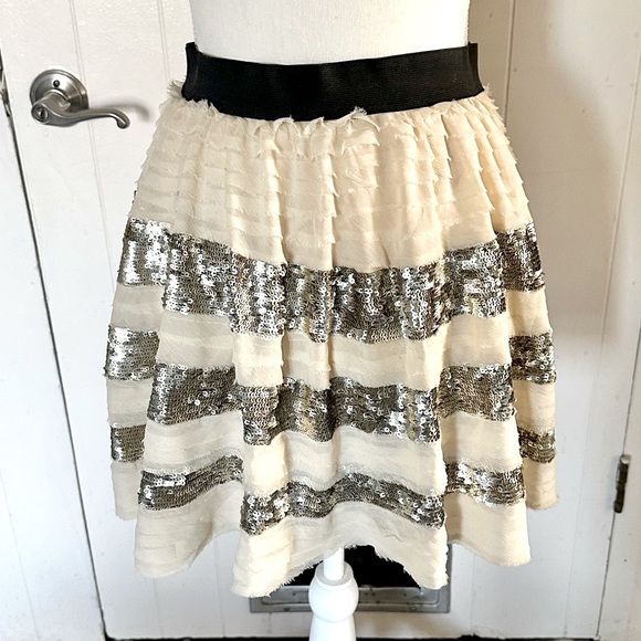 Free People Nude Silver Black Ruffle Sequin High Waist Holiday NYE Skirt Sparkle - Picture 1 of 6
